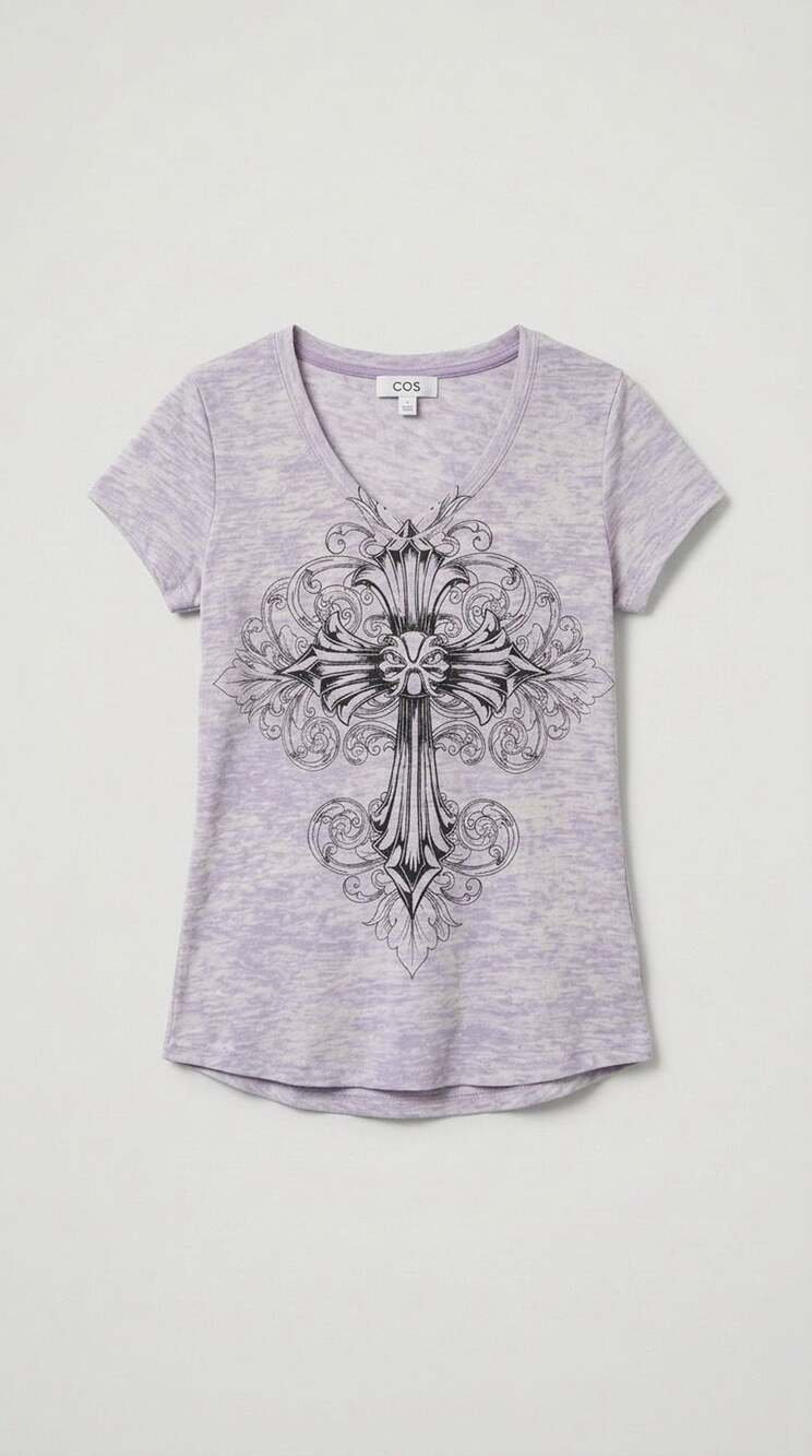 Y2K Lock & Love Cross and Wings Graphic V-Neck T-Shirt Size M Purple